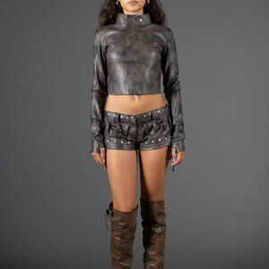JC Structured Brown-Olive Faux Leather Biker Studded Mini Hot Pants Shorts  M